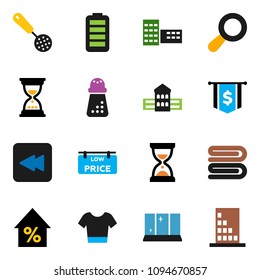 solid vector ixon set - towel vector, shining window, skimmer, hand mill, school building, percent growth, sand clock, dollar flag, t shirt, battery, backward button, magnifier, low price signboard
