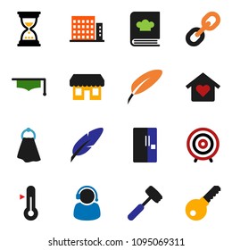 solid vector ixon set - towel vector, meat hammer, cookbook, thermometer, graduate hat, pen, target, sand clock, link, apartments, love home, fridge, store, support, password