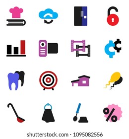 solid vector ixon set - towel vector, toilet brush, ladle, cookbook, graph, target, cent sign, film frame, video camera, sperm, tooth, cloud exchange, unlock, cottage, fridge, percent