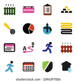 solid vector ixon set - towel vector, skimmer, pie graph, gold ingot, clipboard, calendar, run, route, protected, rooms signboard, heating, smart home