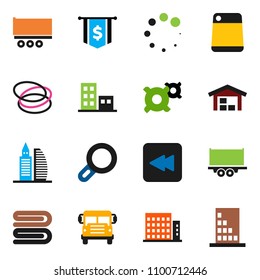 solid vector ixon set - towel vector, cutting board, school bus, dollar flag, any currency, hoop, truck trailer, backward button, loading, magnifier, barn, apartments, office building
