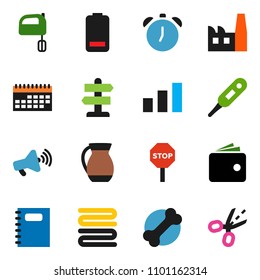 solid vector ixon set - towel vector, mixer, jug, copybook, alarm clock, wallet, bone, signpost, calendar, sorting, loudspeaker, battery, thermometer, stop, factory, coupon