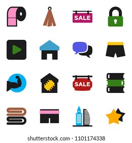 solid vector ixon set - towel vector, toilet paper, book, muscule hand, shorts, dialog, play button, home, sale signboard, office building, lock, smart, star