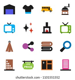 solid vector ixon set - towel vector, shining, window cleaning, hand mill, school bus, magnifier, t shirt, tv, share, barn, low price signboard, fireplace, building
