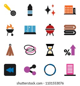 solid vector ixon set - towel vector, shining, window, skimmer, bbq, percent growth, sand clock, water bottle, hoop, backward button, share, apartments, building