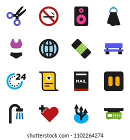solid vector ixon set - towel vector, certificate, scissors, swimsuite, no smoking, speaker, pause button, heart cross, patch, bench, globe, route arrow, mailbox, bath, 24 hour, store scales