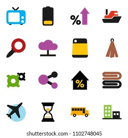 solid vector ixon set - towel vector, cutting board, school bus, magnifier, percent growth, sand clock, any currency, plane, ship, tv, battery, cloud network, share, apartments