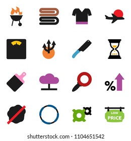 solid vector ixon set - towel vector, splotch, knife, cutting board, bbq, magnifier, percent growth, sand clock, any currency, scales, t shirt, hoop, plane, cloud network, route arrow