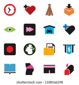 solid vector ixon set - towel vector, book, dollar flag, buttocks, shorts, heart cross, earth, clock, document, package, forward button, rec, eye, garage, mailbox