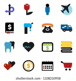 solid vector ixon set - towel vector, dollar coin, annual report, man, calendar, heart pulse, route, plane, phone, tulip, tooth, water supply, relocation truck, cart