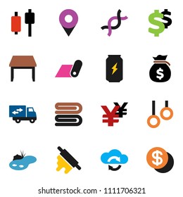 solid vector ixon set - towel vector, rolling pin, japanese candle, money bag, yen sign, dollar, enegry drink, fitness mat, gymnast rings, dna, cloud exchange, pond, table, relocation truck, coin
