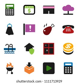 solid vector ixon set - towel vector, shining window, bbq, chicken leg, calculator, dollar calendar, shorts, pool, attention, package, classic phone, play button, cloud network, home protect, coin