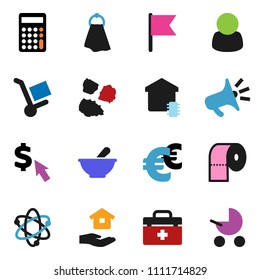 solid vector ixon set - towel vector, house hold, toilet paper, garbage pile, atom, flag, calculator, dollar cursor, euro sign, doctor bag, mortar, smart home, customer, trolley, loudspeaker