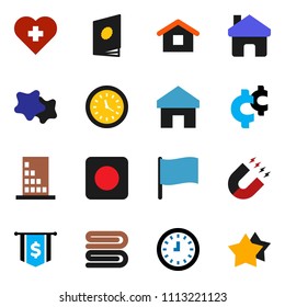 solid vector ixon set - towel vector, splotch, magnet, flag, clock, dollar, cent sign, heart cross, rec button, home, building, catalog, star