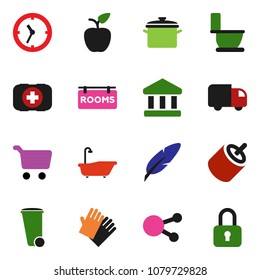 solid vector ixon set - trash bin vector, bath, toilet, rubber glove, pan, pen, apple fruit, bank, cart, first aid kit, clock, social media, rca, rooms signboard, delivery, lock
