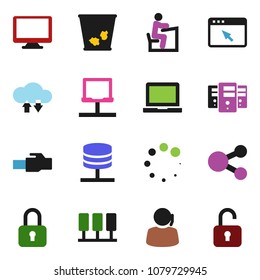 solid vector ixon set - trash bin vector, student, notebook pc, support, monitor, server, network, cloud exchange, browser, lan connector, share, loading, lock, unlock