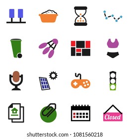 solid vector ixon set - trash bin vector, foam basin, constellation, calendar, swimsuite, shuttlecock, traffic light, consolidated cargo, gamepad, microphone, sand clock, server, attachment, closed