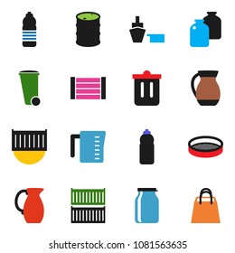 solid vector ixon set - trash bin vector, measuring cup, jug, sieve, jar, water bottle, sea container, port, wood box, oil barrel, shopping bag