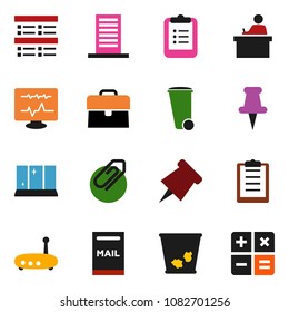 solid vector ixon set - trash bin vector, shining window, student, clipboard, paper pin, exam, case, thumbtack, diagnostic monitor, router, attachment, mailbox, building, calculator