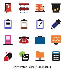 solid vector ixon set - trash bin vector, pencil, exam, case, clipboard, receipt, classic phone, diagnostic monitor, medical room, network folder, apartments, building, mailbox, calculator
