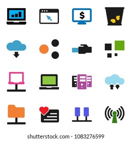 solid vector ixon set - trash bin vector, notebook pc, laptop graph, monitor dollar, heart, server, network, folder, cloud exchange, browser, lan connector, share, download, loading, wireless