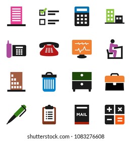 solid vector ixon set - trash bin vector, student, pen, archive, exam, case, clipboard, phone, classic, diagnostic monitor, mailbox, apartments, building, calculator