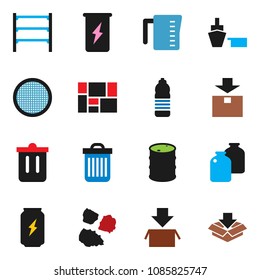 solid vector ixon set - trash bin vector, garbage pile, measuring cup, sieve, jar, enegry drink, water bottle, port, consolidated cargo, package, oil barrel, shelving