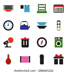 solid vector ixon set - trash bin vector, drying clothes, washer, cleaning agent, plates, kettle, oil, compass, abacus, clock, calendar, traffic light, wood box, microphone, gift