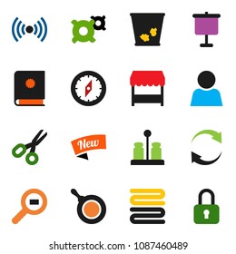 solid vector ixon set - trash bin vector, pan, towel, spices, compass, scissors, presentation, any currency, cargo search, refresh, user, wireless, new, market, catalog, lock