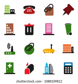 solid vector ixon set - trash bin vector, paper pin, classic phone, medical room, router, attachment, apartments, office building, mailbox, calculator