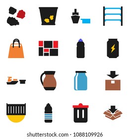 solid vector ixon set - trash bin vector, garbage pile, jug, jar, enegry drink, water bottle, sea container, port, consolidated cargo, package, shelving, shopping bag