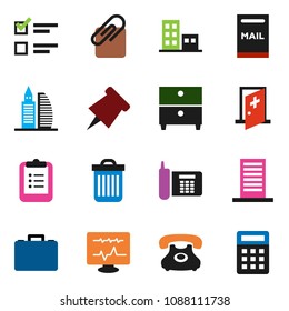 solid vector ixon set - trash bin vector, clipboard, paper pin, archive, exam, case, phone, diagnostic monitor, medical room, attachment, mailbox, apartments, office building, calculator