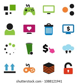 solid vector ixon set - trash bin vector, monitor dollar, cursor, heart, top sign, gamepad, cloud exchange, big data, share, loading, user, unlock