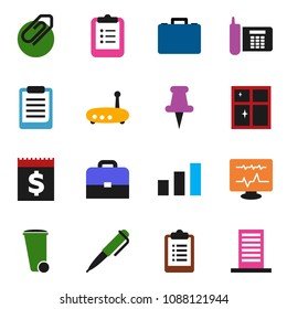 solid vector ixon set - trash bin vector, shining window, case, pen, clipboard, phone, receipt, sorting, thumbtack, diagnostic monitor, router, attachment, building