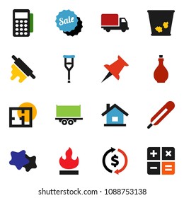 solid vector ixon set - trash bin vector, splotch, oil, rolling pin, exchange, truck trailer, delivery, flammable, thumbtack, thermometer, crutches, house, plan, sale, card reader, calculator