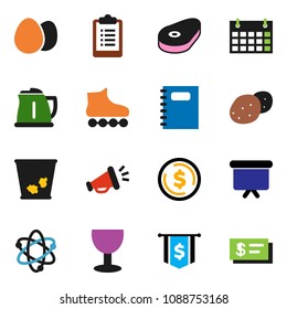 solid vector ixon set - trash bin vector, kettle, egg, potato, steak, copybook, atom, dollar coin, presentation board, flag, clipboard, roller Skates, calendar, glass, loudspeaker, check
