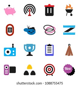 solid vector ixon set - trash bin vector, towel, bbq, cereal, award cup, piggy bank, target, measuring, clipboard, hoop, stadium, radio, antenna, video camera, pond, new