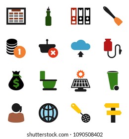 solid vector ixon set - trash bin vector, toilet, skimmer, spatula, oil, schedule, money bag, coin stack, binder, support, drop counter, cloud upload, globe, solar panel, basket, signpost