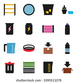 solid vector ixon set - trash bin vector, measuring cup, sieve, enegry drink, water bottle, sea container, port, wood box, package, shelving