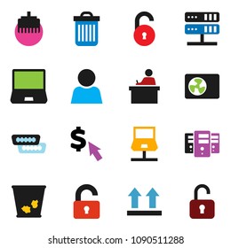 solid vector ixon set - trash bin vector, student, dollar cursor, top sign, notebook pc, hdmi, network, server, lan connector, unlock, user, ari condition