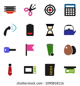 solid vector ixon set - trash bin vector, steaming, plates, kettle, measuring cup, microwave oven, egg, flag, calculator, sand clock, tie, target, battery, key, coupon, store scales