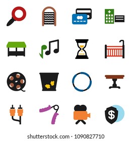 solid vector ixon set - trash bin vector, washboard, music, magnifier, sand clock, hand trainer, hoop, film spool, video camera, rca, hospital building, crib, table, credit card, market