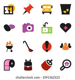 solid vector ixon set - trash bin vector, toilet paper, sink, ladle, bbq, potato, backpack, school bus, attention, camera, group, thumbtack, rca, heart cross, plan, search estate
