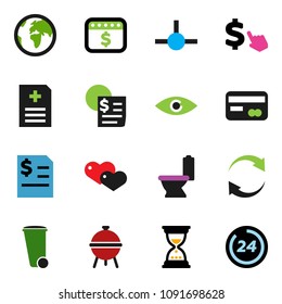 solid vector ixon set - trash bin vector, toilet, bbq, annual report, sand clock, dollar calendar, cursor, earth, receipt, heart, eye, anamnesis, connect, refresh, credit card, 24 hour