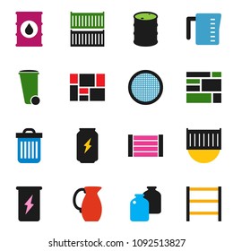 solid vector ixon set - trash bin vector, measuring cup, jug, sieve, jar, enegry drink, sea container, wood box, consolidated cargo, oil barrel, shelving