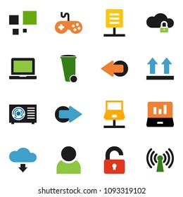solid vector ixon set - trash bin vector, notebook pc, laptop graph, top sign, gamepad, network, cloud lock, arrow, download, loading, document, user, unlock, ari condition, wireless