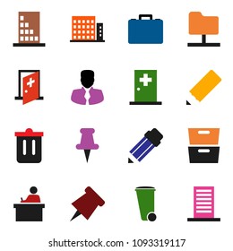 solid vector ixon set - trash bin vector, pencil, student, paper pin, archive, manager, case, thumbtack, medical room, network folder, apartments, building