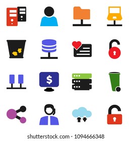 solid vector ixon set - trash bin vector, monitor dollar, heart, support, server, notebook network, folder, cloud exchange, big data, share, unlock, user