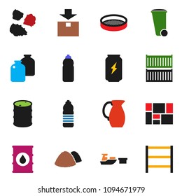 solid vector ixon set - trash bin vector, garbage pile, jug, sieve, jar, enegry drink, water bottle, sea container, port, consolidated cargo, package, oil barrel, shelving