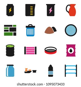 solid vector ixon set - trash bin vector, garbage pile, measuring cup, jug, sieve, jar, enegry drink, water bottle, port, wood box, consolidated cargo, oil barrel, shelving